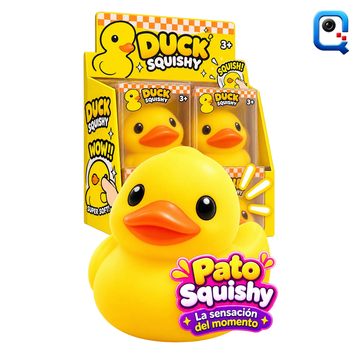 Squishy pato jumbo amarillo con su exhibidor, composicion (recreacion digital) (recreación digital)
