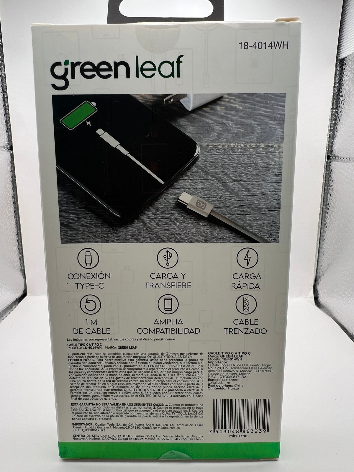 Cable Tipo C a Tipo C Green Leaf 18-4014WH 60W 1m trenzado blanco