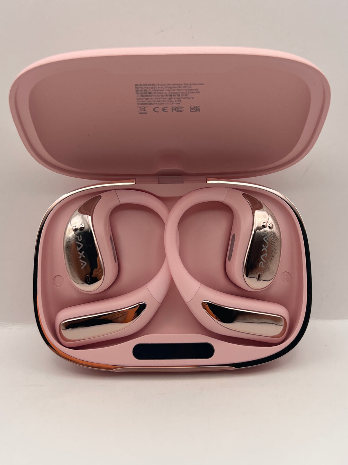 Audifonos inalambricos oreja abierta Bluetooth 6.0 paxa vogbuds 5 pro color Rosa — foto real del producto