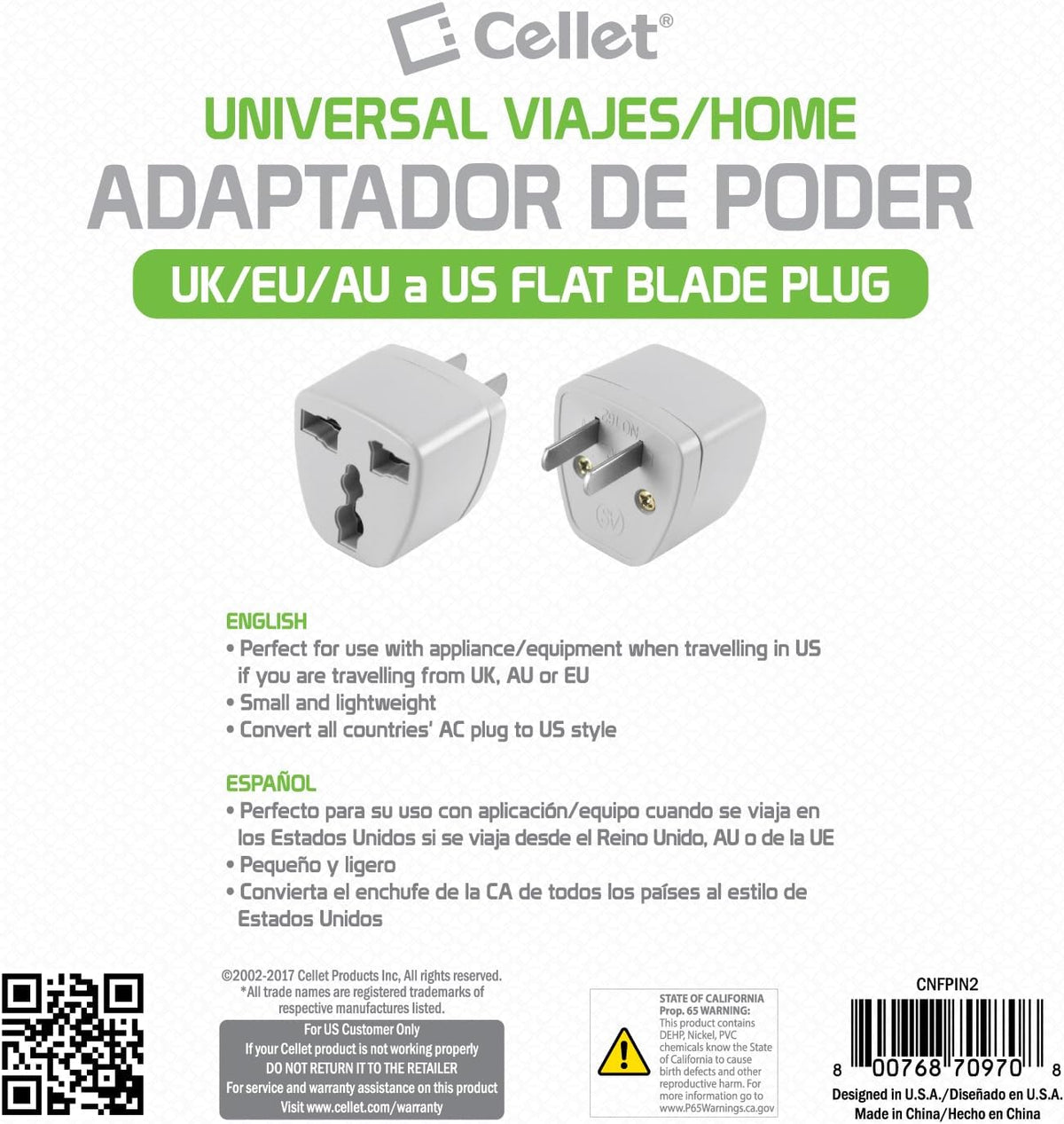 Especificaciones e instrucciones del adaptador Cellet