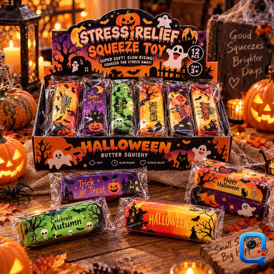 Exhibidor Stress Relief Squeeze Toy con las barras de mantequilla Halloween en escena de temporada (recreacion digital, caja
