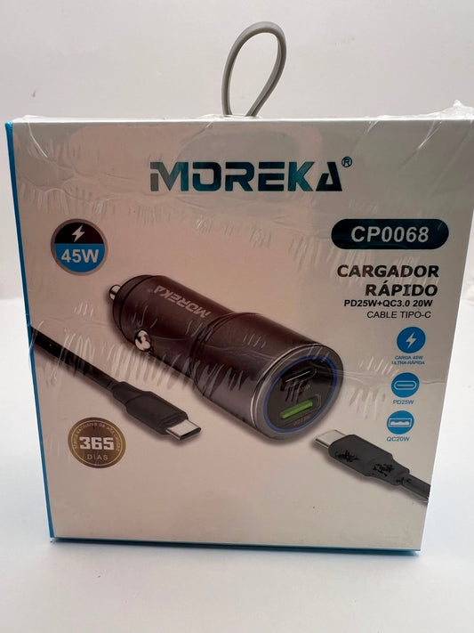Kit cargador de auto MOREKA CP0068 verde metálico con cable Tipo-C