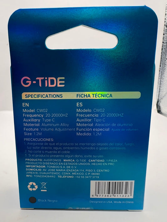 Empaque y ficha técnica de los audífonos G-TiDE CW02 Tipo-C