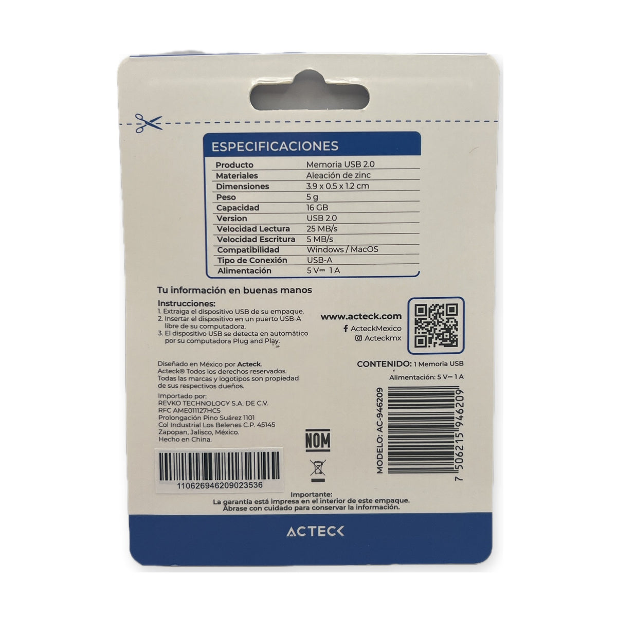 Reverso del empaque memoria USB Acteck Nomad Metal 16GB con especificaciones