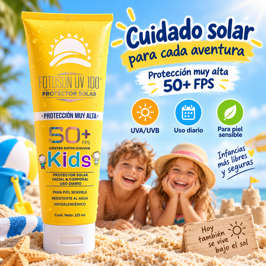 Protector solar fotosun uv 100 kids fps 50+ facial y corporal 125 ml