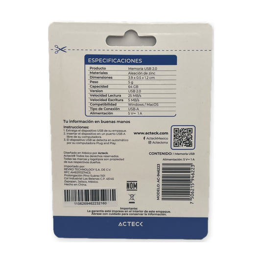 Reverso del empaque memoria USB Acteck Nomad Metal 64GB con especificaciones