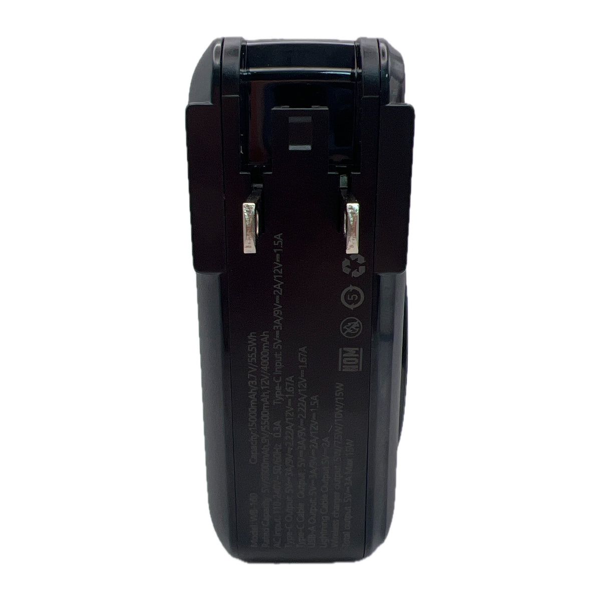 Reverso del power bank Nebro WB-160 con clavija plegable y datos grabados