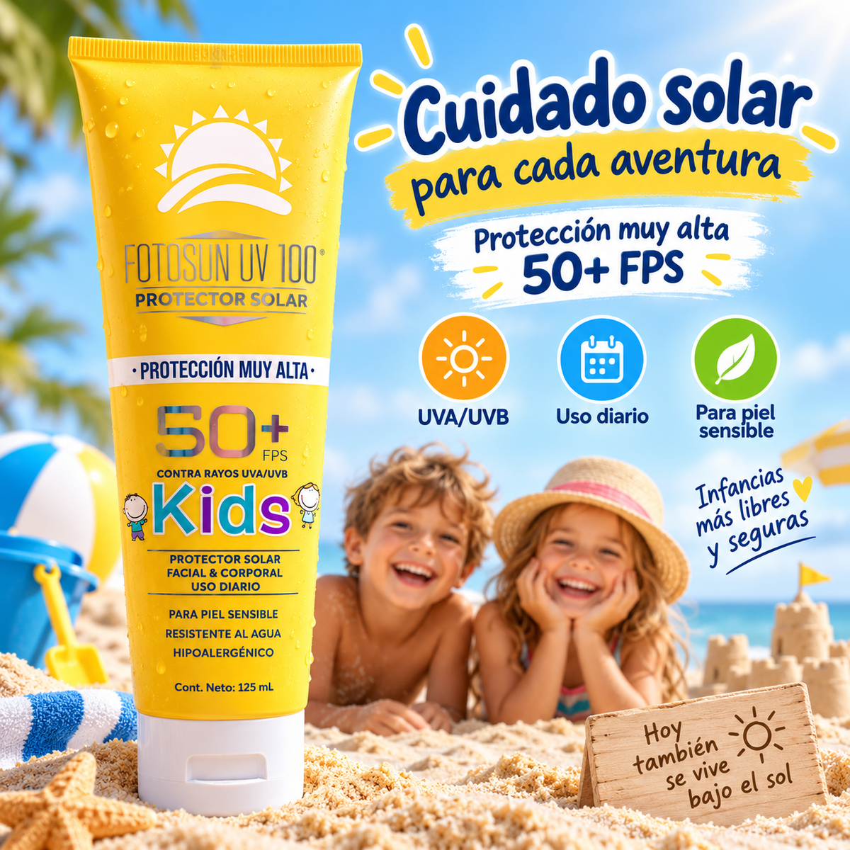 Protector solar Fotosun UV 100 Kids FPS 50+ contra rayos UVA y UVB, uso diario y piel sensible (recreación digital)
