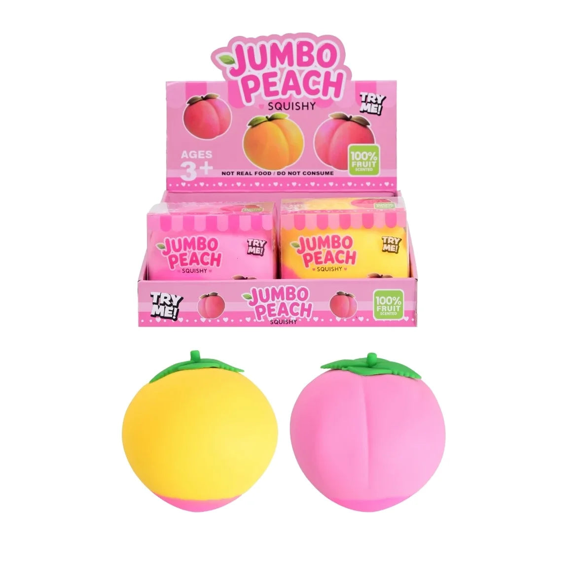 Los dos colores de la linea Jumbo Peach Squishy, rosa y amarillo con naranja, con su exhibidor (imagen de referencia de la li