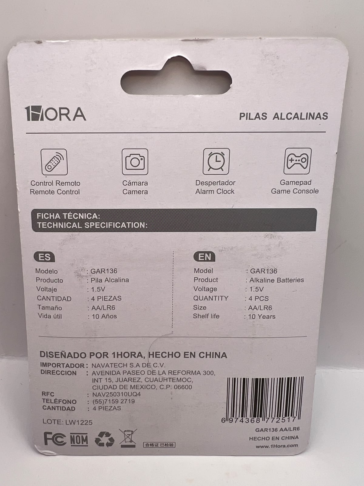Reverso del blíster: pila alcalina AA 1HORA GAR136