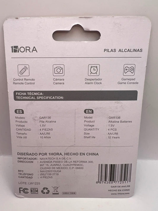 Reverso del blíster: pila alcalina AA 1HORA GAR136