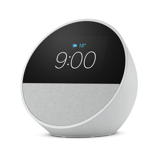 Bocina inteligente Amazon Echo Spot 2024 · Asistente Alexa · Microfono integrado · Wi-Fi y Bluetooth · Pantalla tactil 2.8" — Blanco
