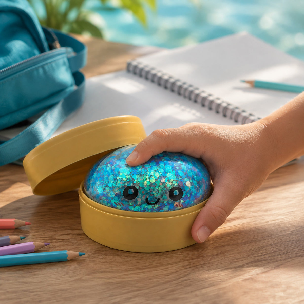Squishy Bun glitter en el escritorio - imagen generada con IA (recreación digital)