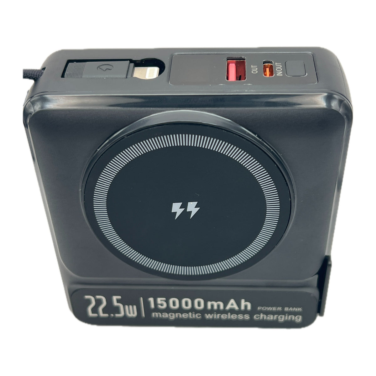 Power bank Nebro WB-160 visto de frente con puertos USB-A y USB-C y cable integrado
