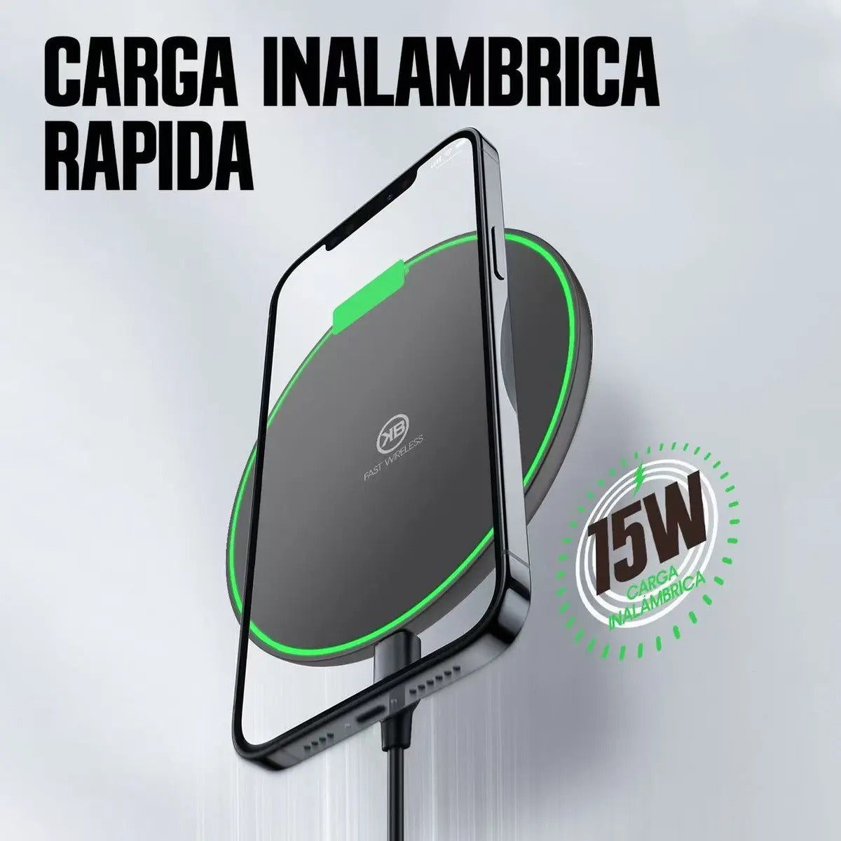 KBOD W08 cargando un celular de forma inalambrica hasta 15W (recreación digital)