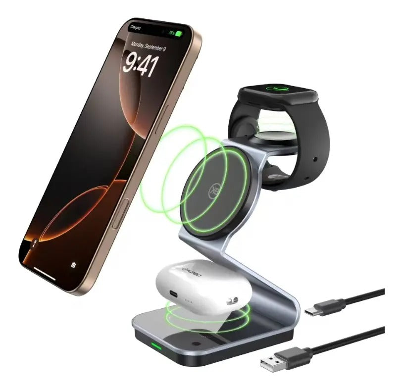 KBOD W12 cargando celular, reloj y audifonos (recreación digital)