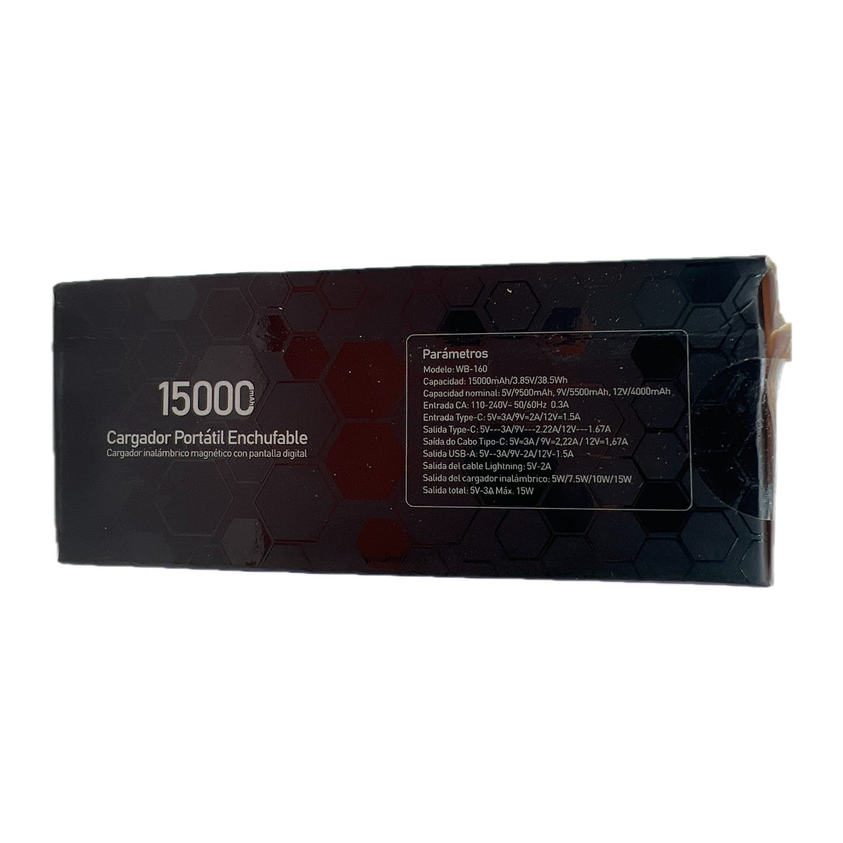 Especificaciones impresas en la caja del power bank Nebro WB-160