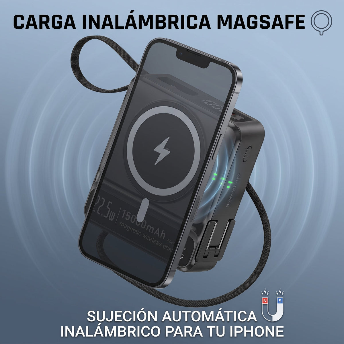 Power bank Nebro WB-160 cargando un iPhone por carga inalambrica magnetica (recreación digital)