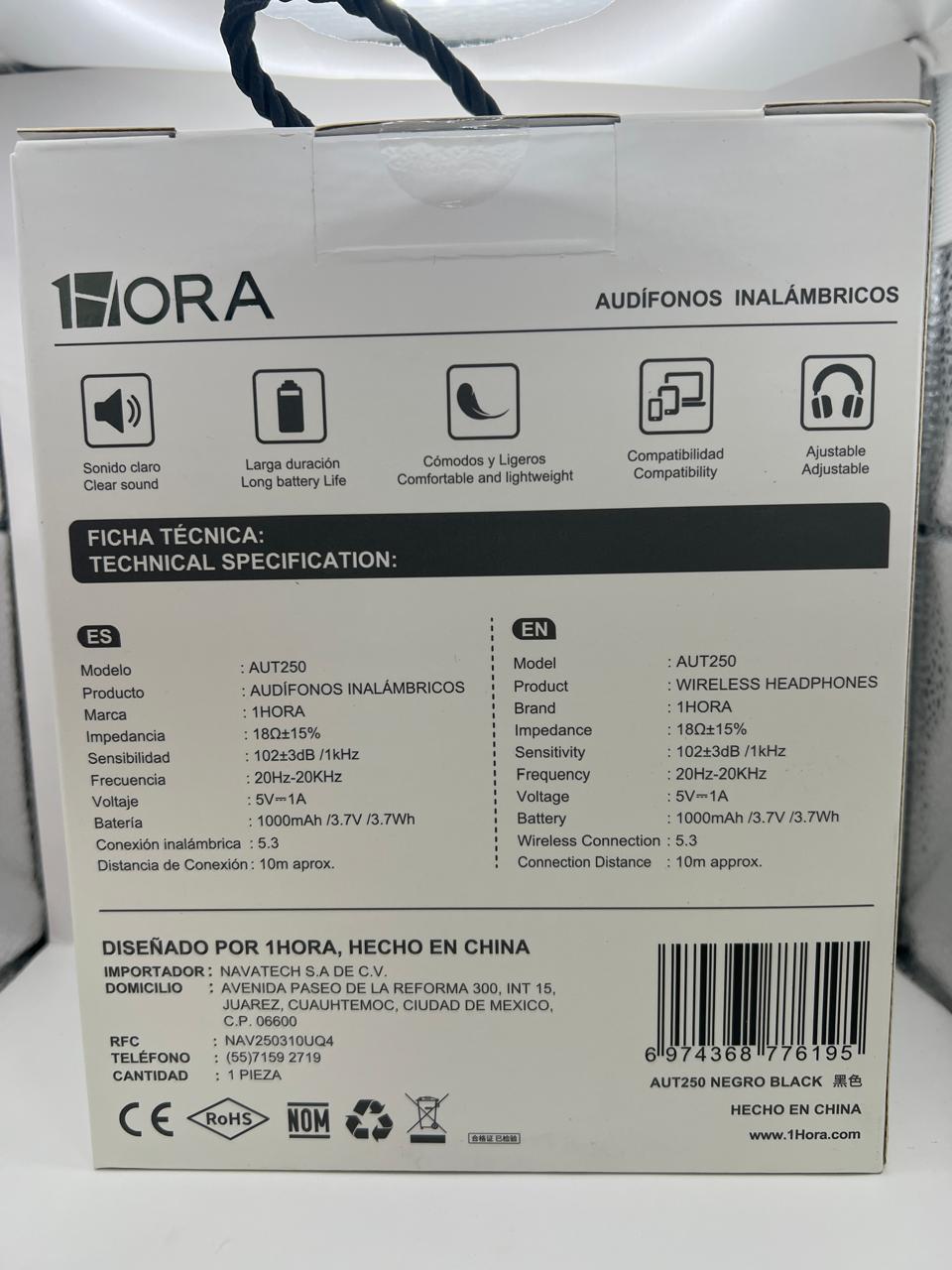 Ficha técnica impresa del 1HORA AUT250: Bluetooth 5.3, 1000 mAh, 18 Ω.