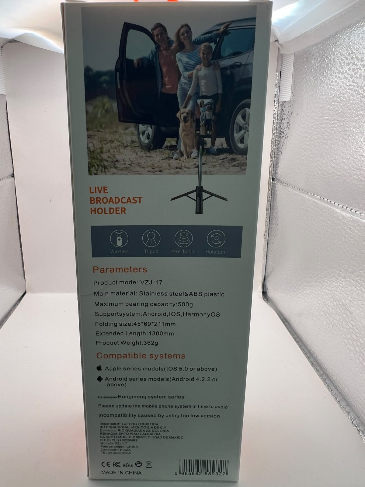Empaque y producto del tripié selfie VMEX VZJ-17 1.3 m