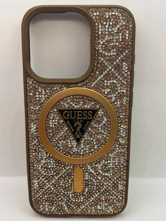Funda iPhone 15 Pro Guess Pedreria Magsafe Dorado | QRUZH