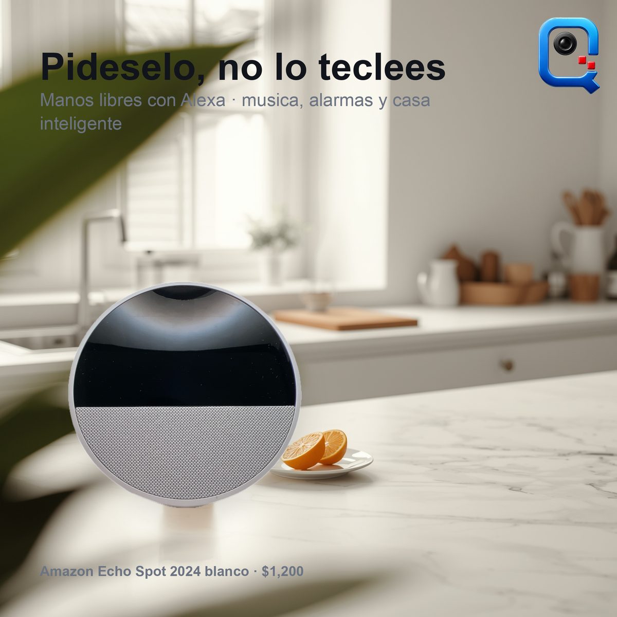 Echo Spot 2024 blanco en la barra de una cocina por la manana (recreación digital)