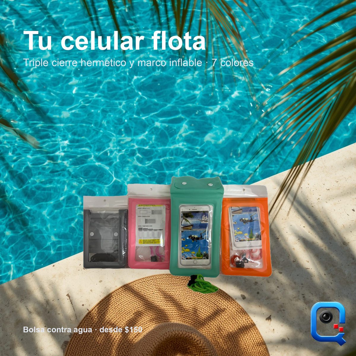 Bolsas contra agua de tres cierres en gris rosa verde agua y naranja junto a una alberca (recreación digital)