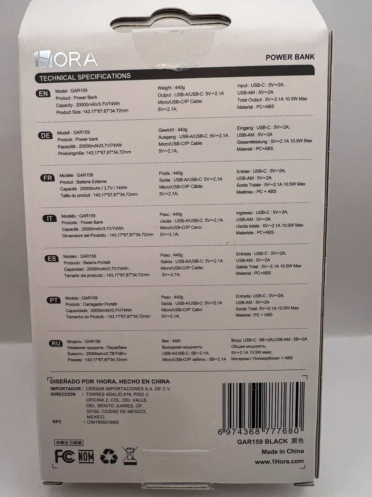 Power Bank 1HORA GAR159 20 000 mAh con 3 cables integrados