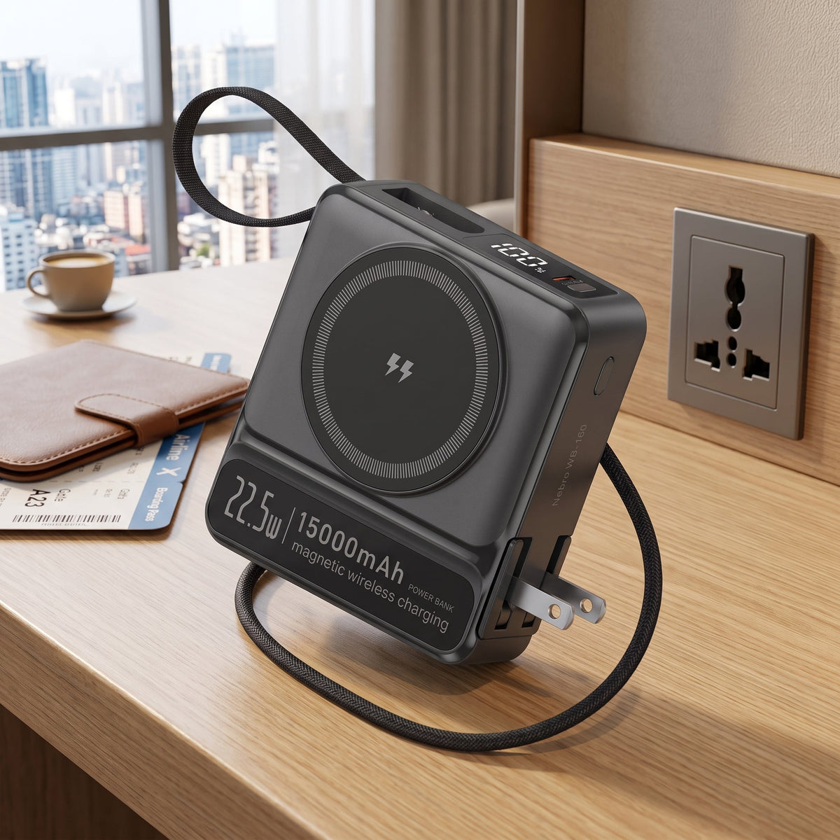 Power bank Nebro WB-160 con enchufe plegable junto a un contacto de pared (recreación digital)