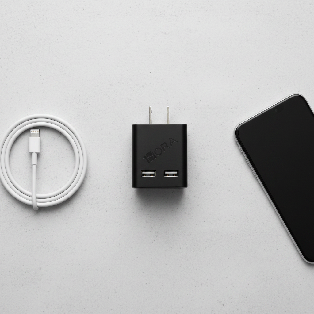 Creativo generado con IA a partir de fotos reales del cargador 1HORA GAR129 dual USB-A