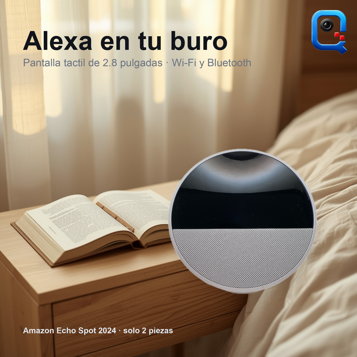 Echo Spot 2024 blanco sobre un buro de recamara al amanecer (recreación digital)