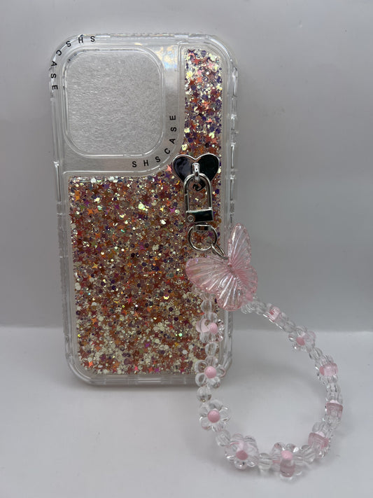 Funda iPhone 15 Pro mariposa glitter con strap Rosa | QRUZH