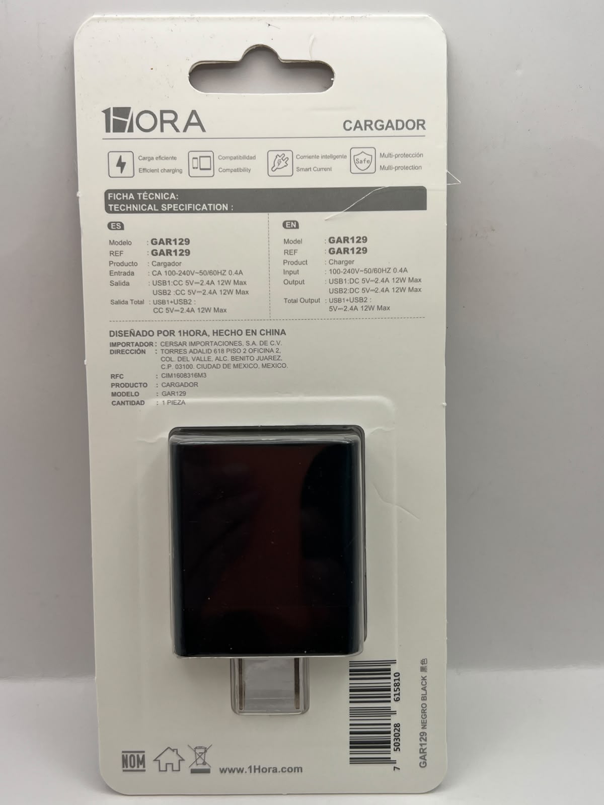 Empaque y ficha técnica del cargador 1HORA GAR129 dual USB 12W