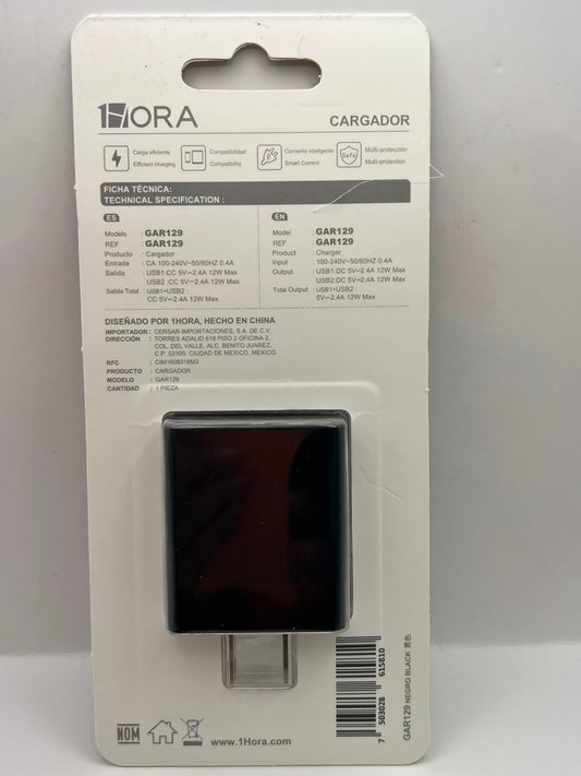Empaque y ficha técnica del cargador 1HORA GAR129 dual USB 12W