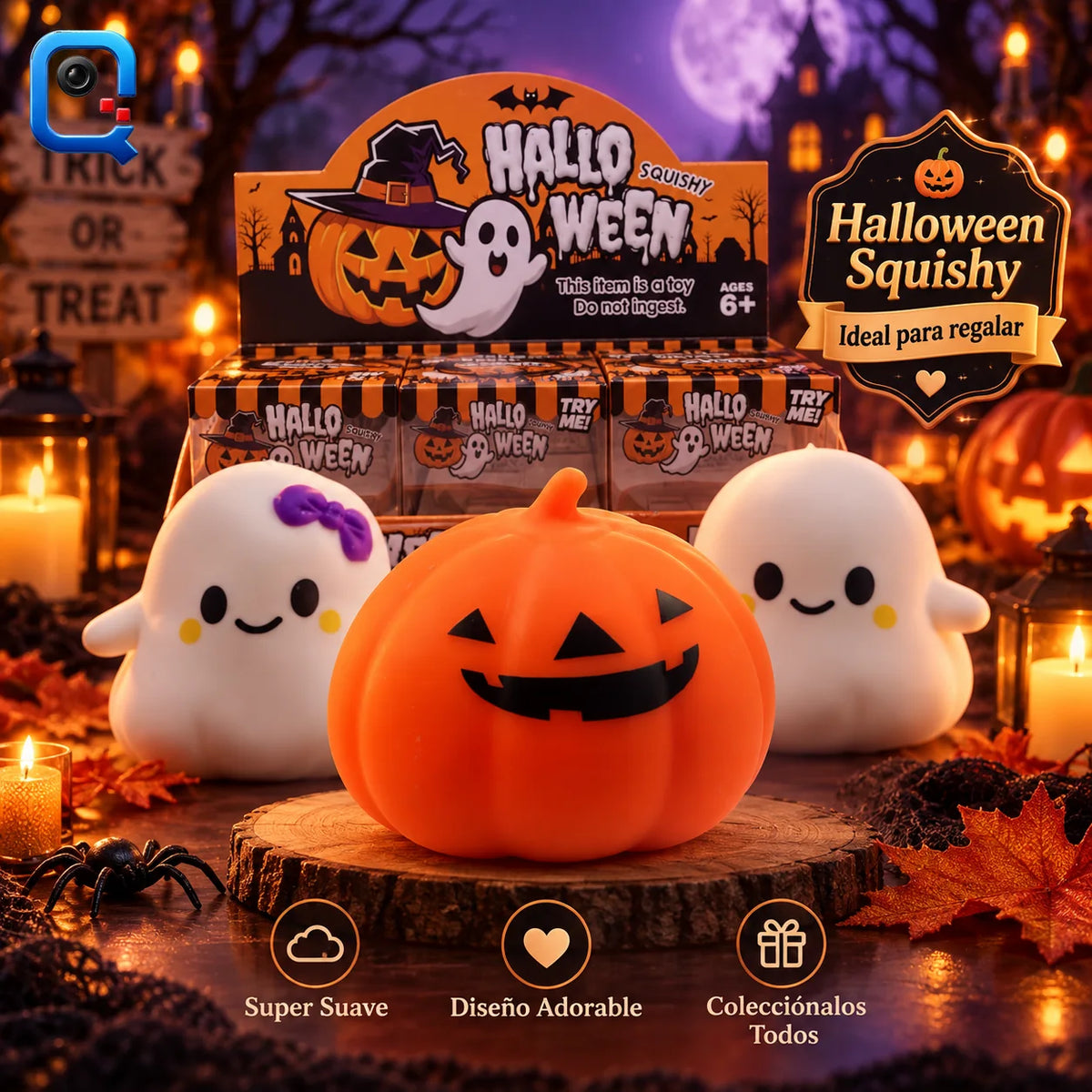 Squishy calabaza y fantasmas Halloween, escena de Halloween (recreacion digital) (recreación digital)