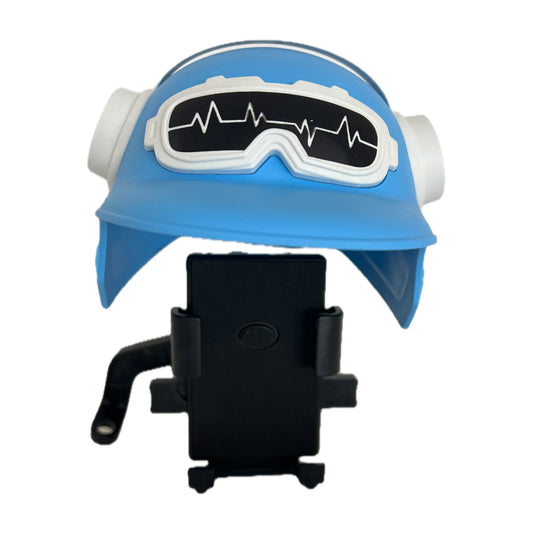 Soporte de celular para moto con casco azul TAJA AZJ-80504 montado en el brazo de espejo retrovisor