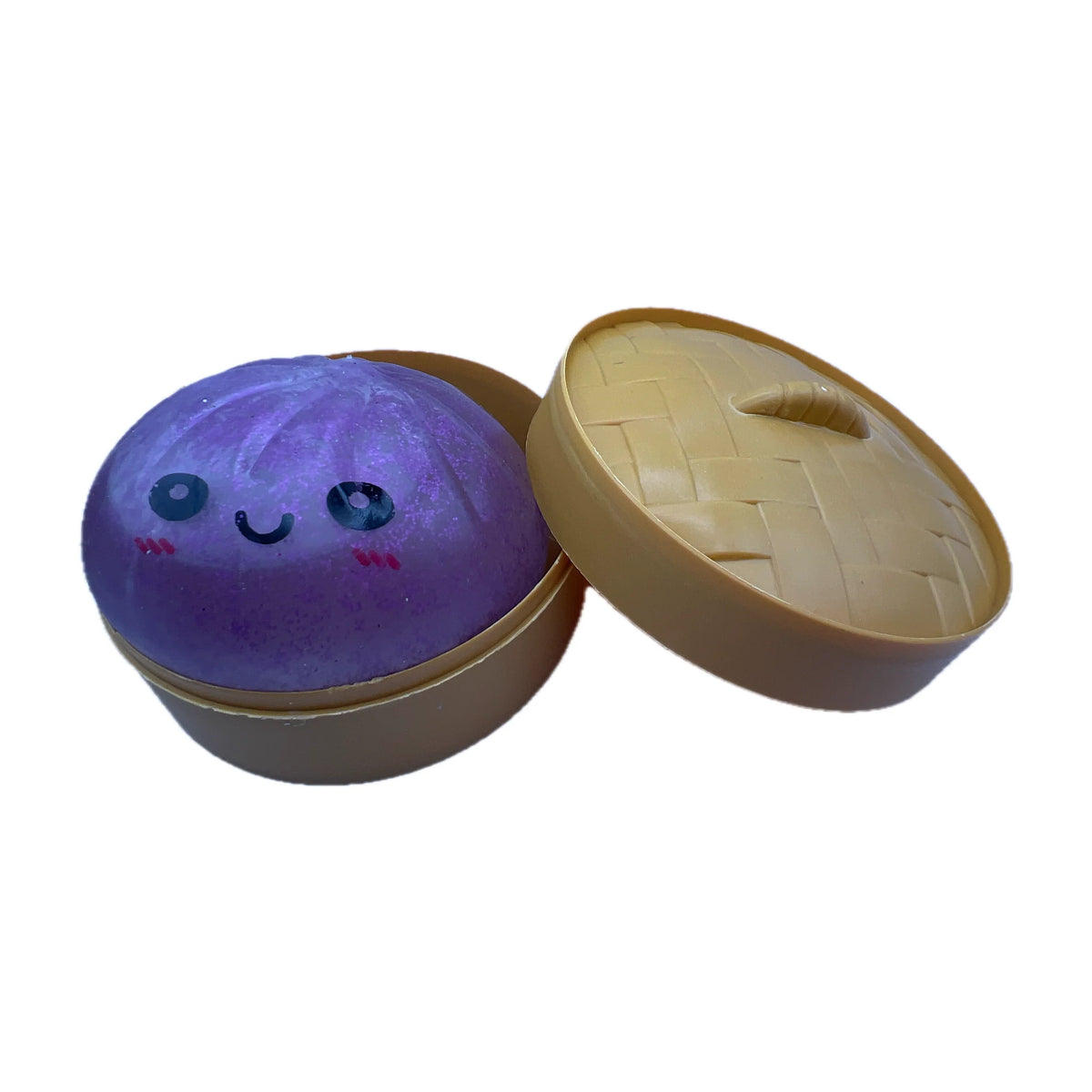 Squishy antiestres steamed bun color morado en su vaporera de juguete