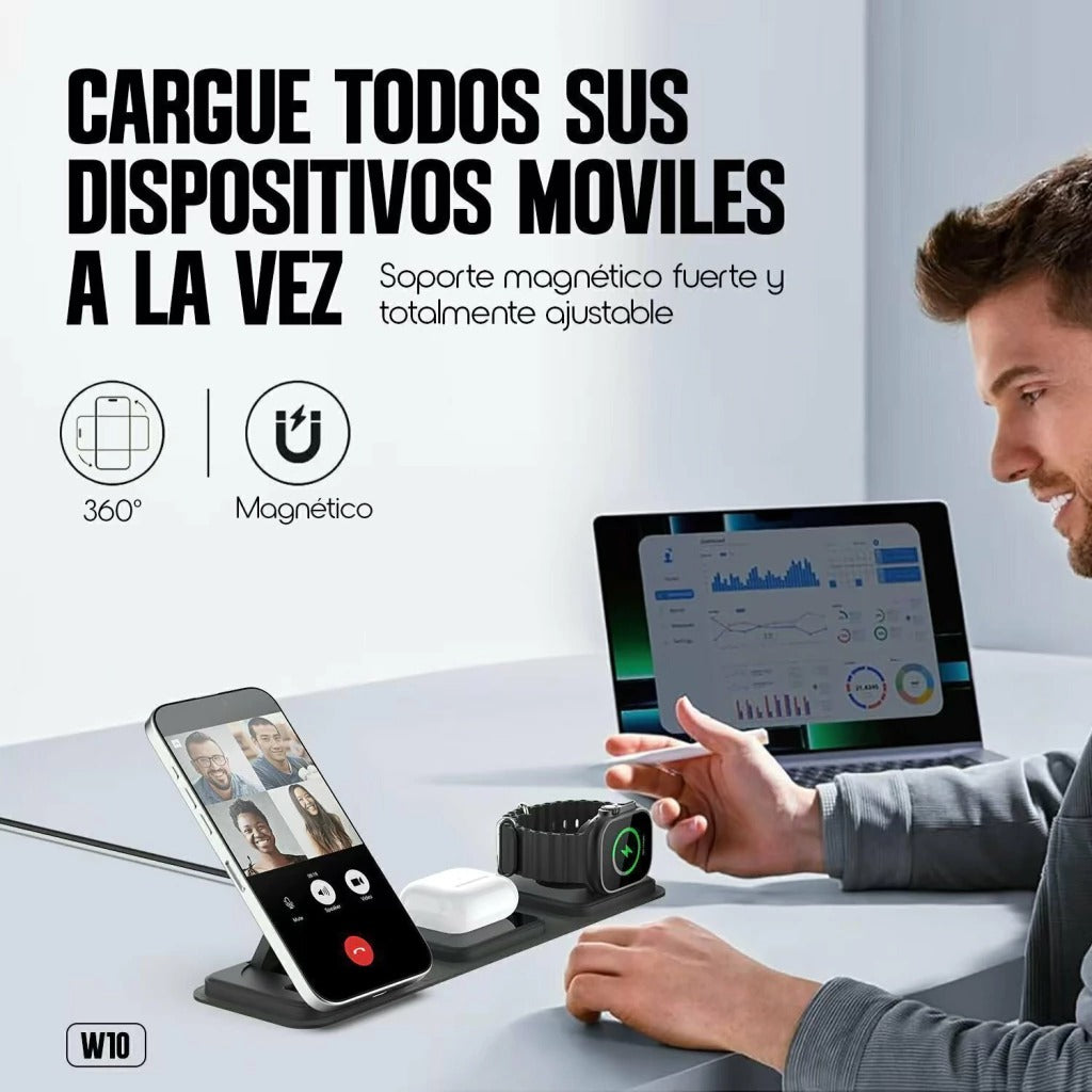 KBOD W10 cargando celular, audifonos y reloj en el escritorio (recreación digital)