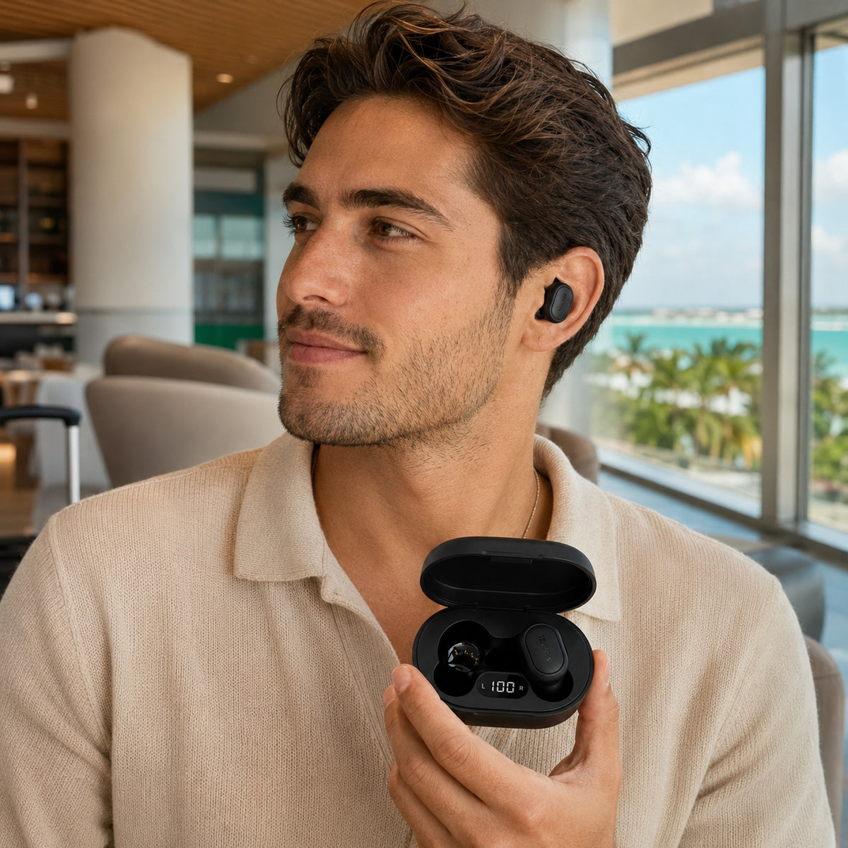 Audifonos 1HORA AUT114 negro en uso con su estuche de carga - imagen generada con IA