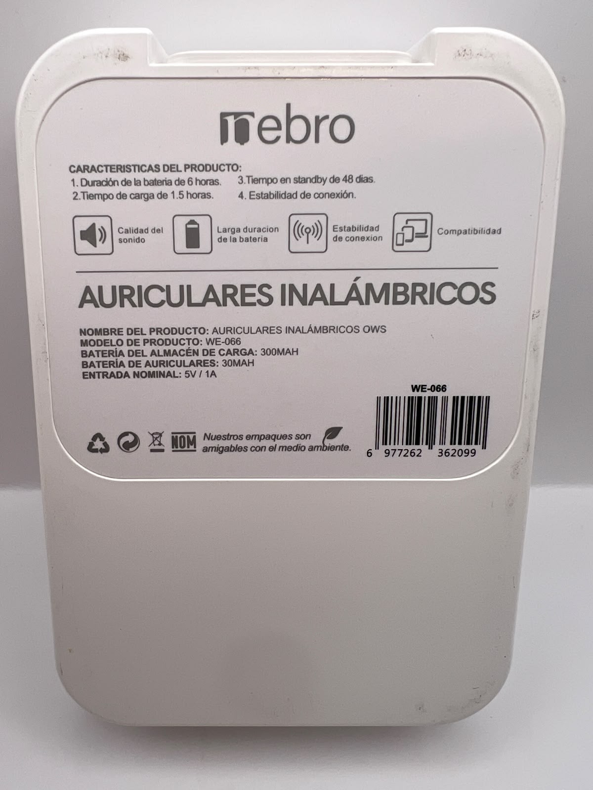 Reverso del empaque: Nebro WE-066 auriculares OWS