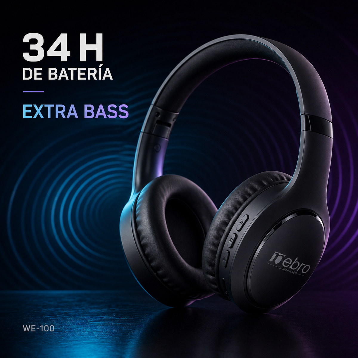 Diadema Bluetooth Nebro WE-100 — creativo de marca (imagen generada con IA)