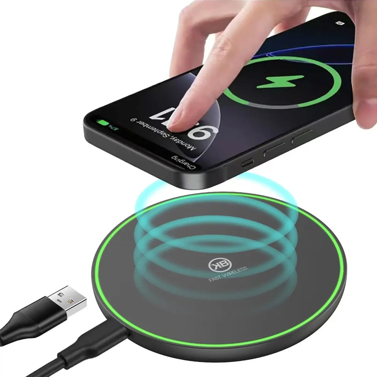 Celular colocado sobre el KBOD W08 con luz LED verde (recreación digital)