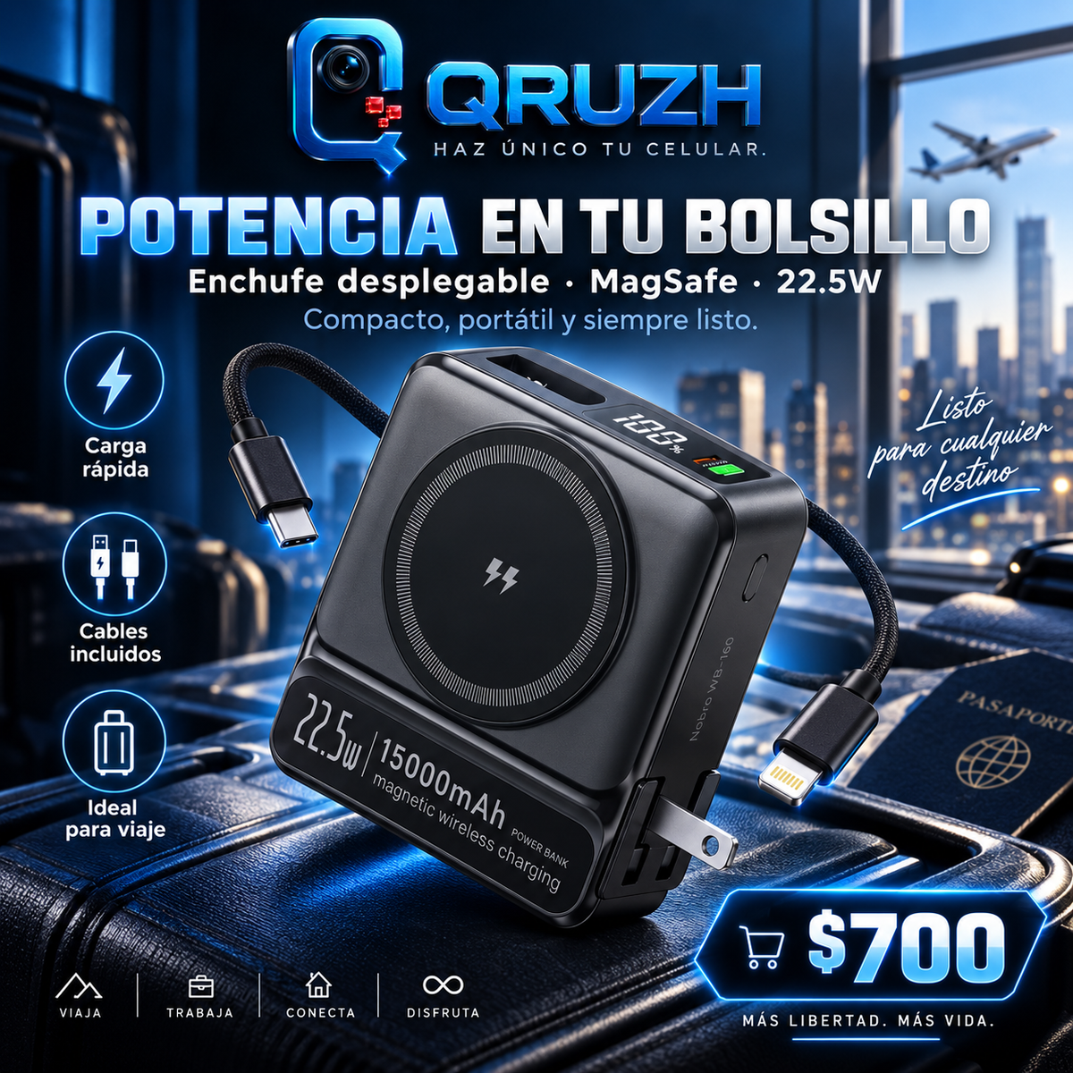 QRUZH power bank Nebro WB-160 potencia en tu bolsillo con enchufe desplegable, precio 700 pesos (recreación digital)