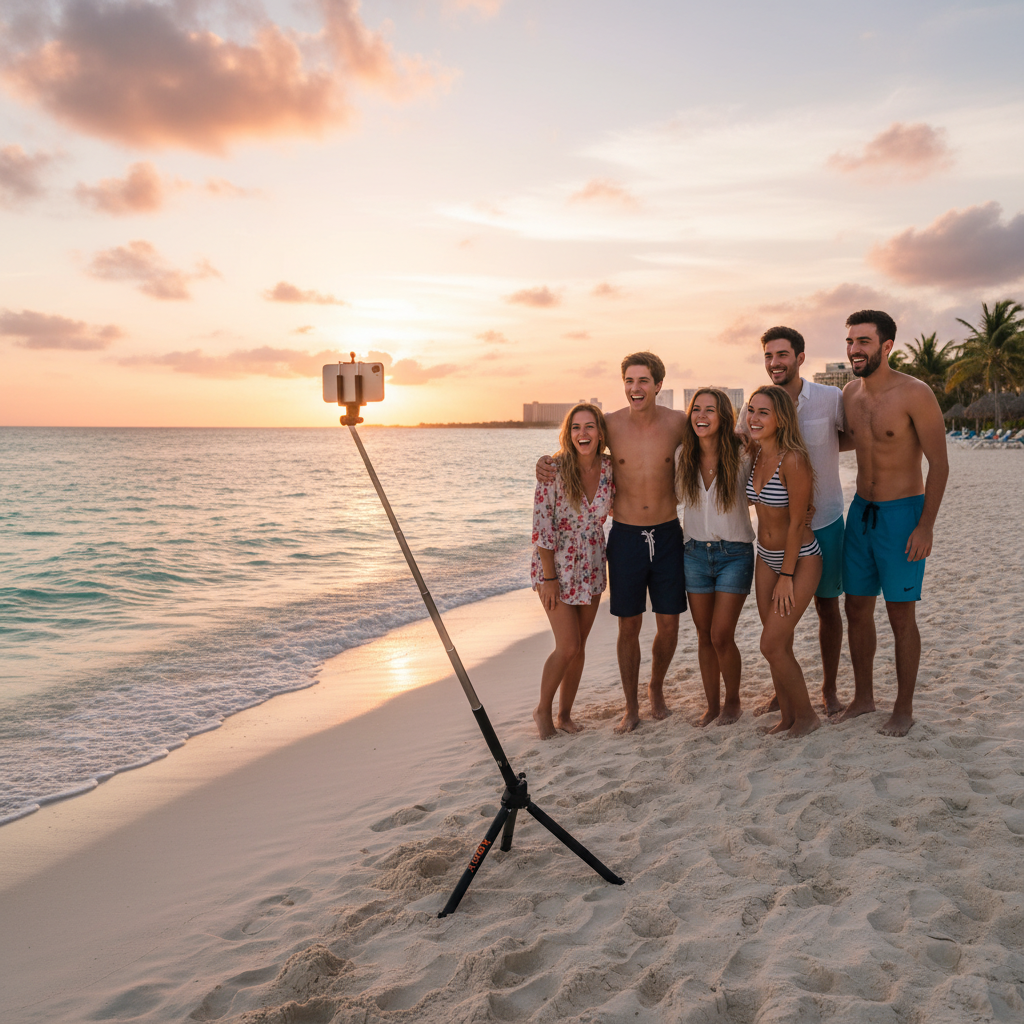 Creativo generado con IA a partir de fotos reales del tripié selfie VMEX VZJ-17