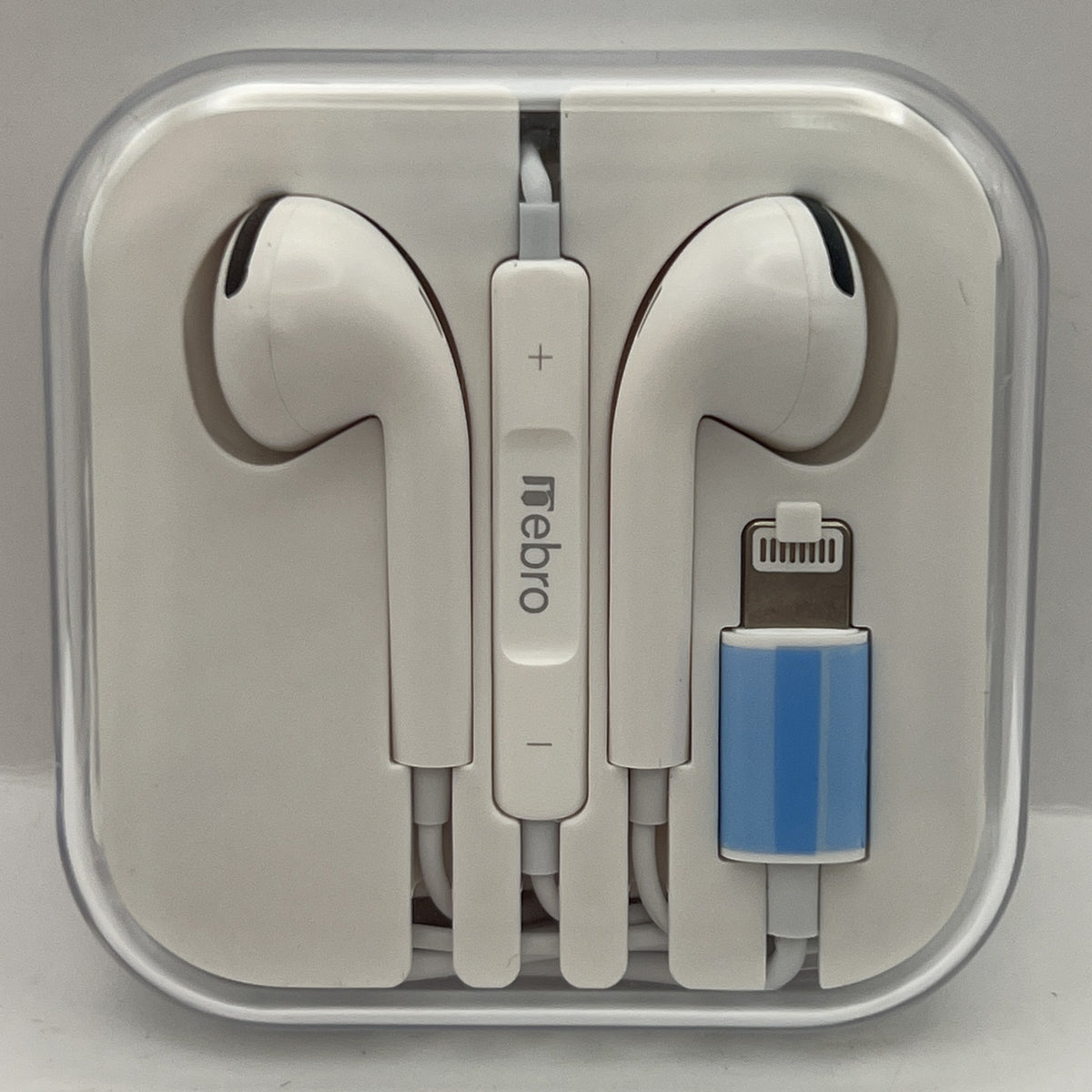 Audifonos Nebro WJ-006 blancos en su estuche transparente con conector Lightning