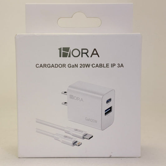 Cable usb-c a lightning y cargador 20w de 2 entradas usb y usb-c 1hora