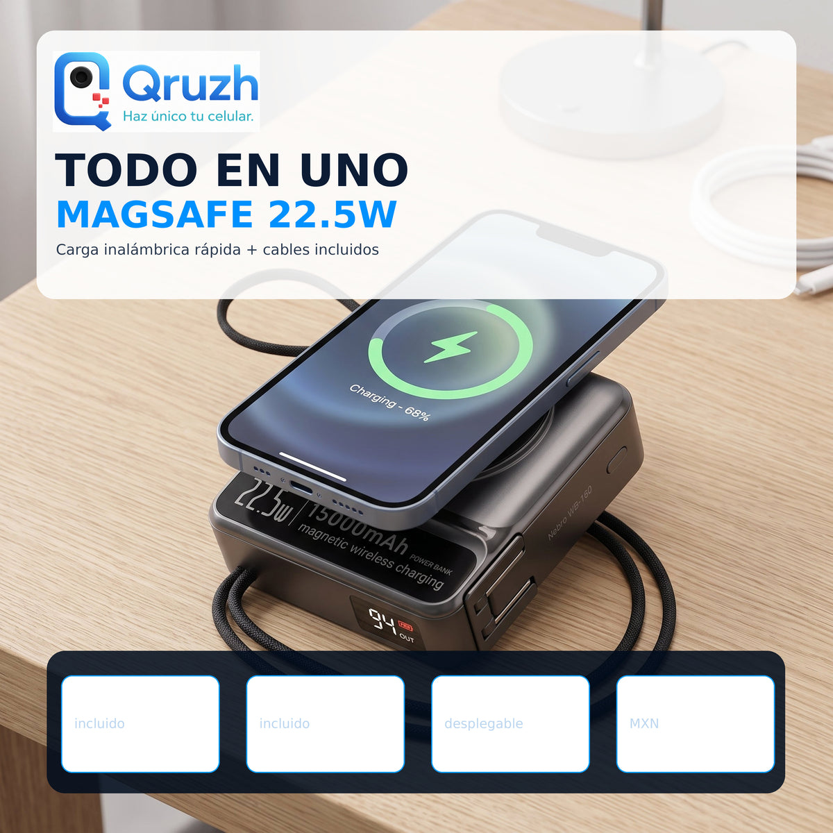 Power bank magnetico inalambrico 15000 mAh con enchufe plegable y cables integrados Nebro WB-160 - Negro