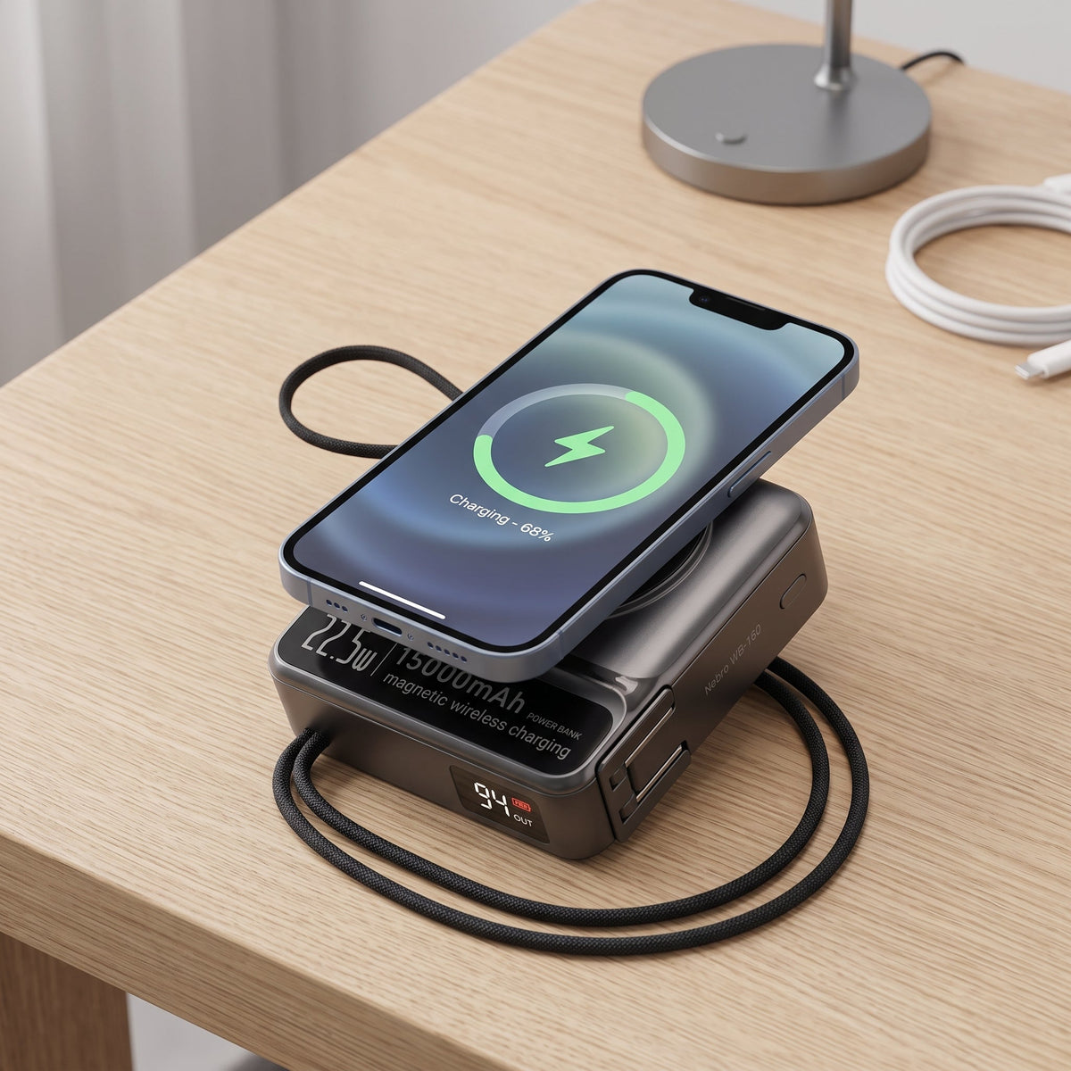 iPhone cargandose sobre el power bank Nebro WB-160 en un escritorio (recreación digital)