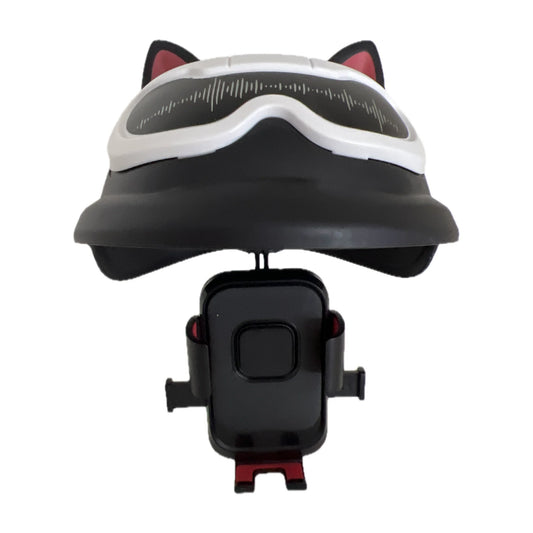 Soporte de celular para moto con casco de orejas negro, vista frontal con la cuna abierta