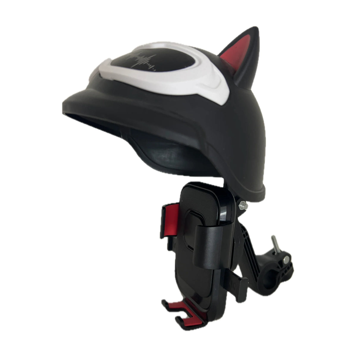 Perfil del soporte de casco negro mostrando la abrazadera de manubrio